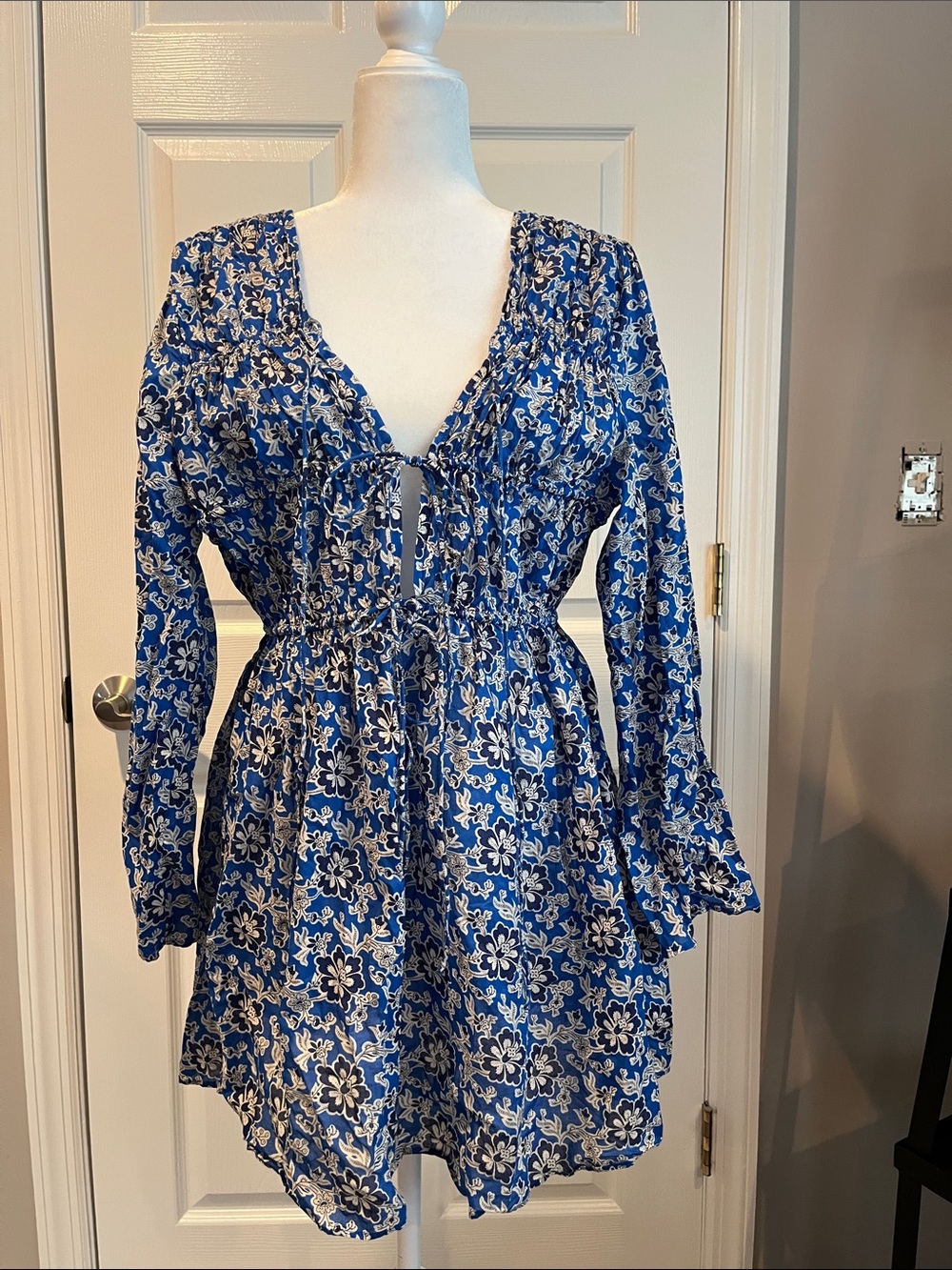 J. Crew Blue and White Floral Tie-Front Swim Coverup